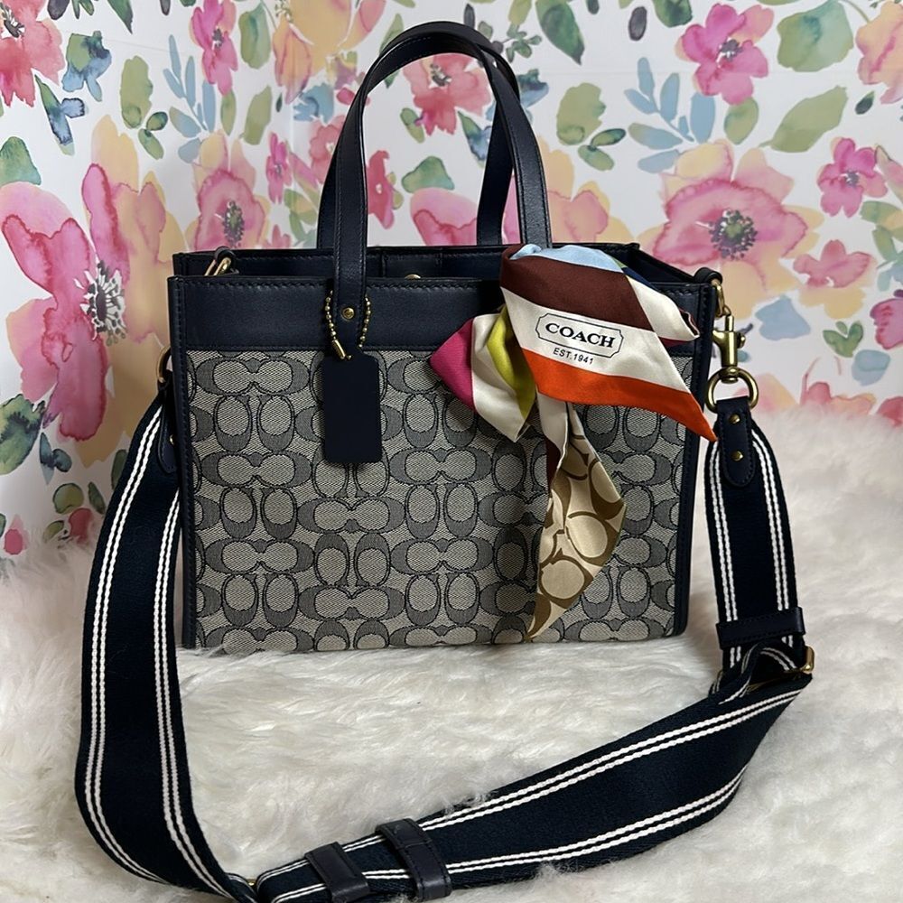 Coach Signature Jacquard Field Tote 30 Navy Blue Crossbody Bag - Picture 5 of 17
